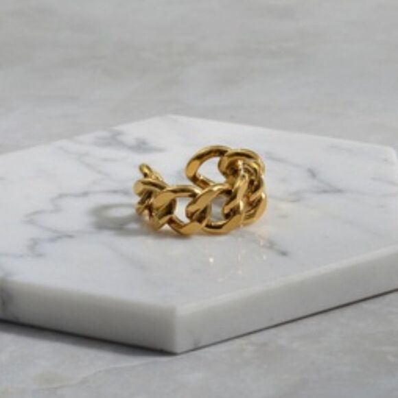 925 Sterling Silver Cuban Link Chunky Adjustable Chain Ring Gold Plated - Picture 3 of 4